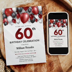 Black Red Silver & White 60th Birthday Invitation