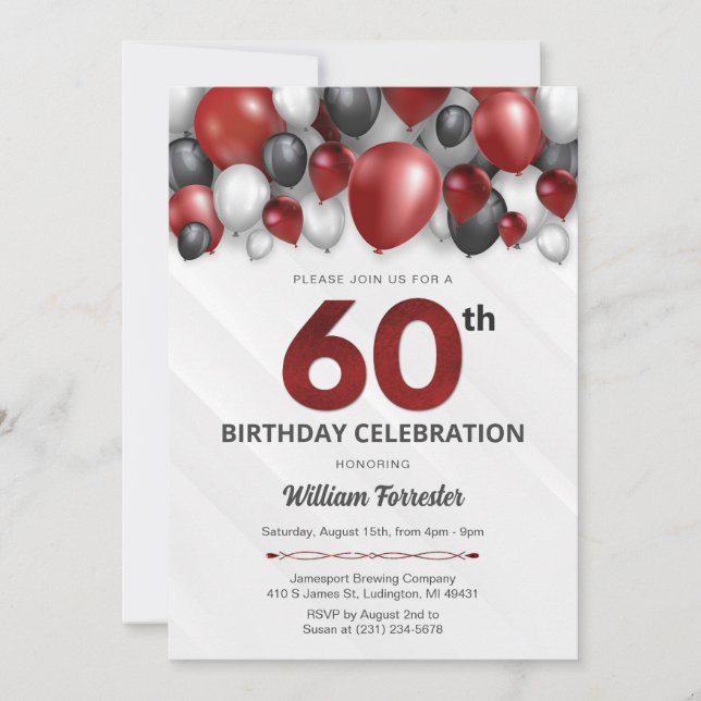 Black Red Silver & White 60th Birthday Invitation (Front)