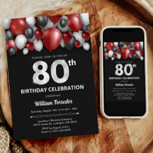 Black Red Silver & White 80th Birthday Invitation
