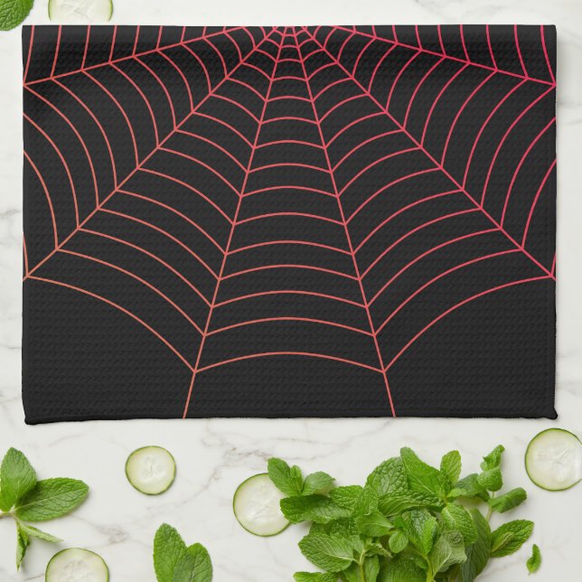 Black red spider web Halloween pattern Tea Towel (Folded)
