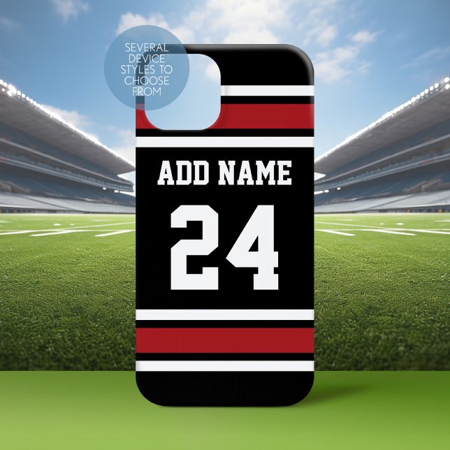 Black Red Sports Jersey Custom Name Number Case-Mate iPhone Case (Personalized Phone Case with a Football Jersey Stripe Design)