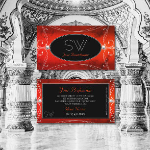 Black Red Squiggled Ornate Sparkle Jewels Initials Business Card