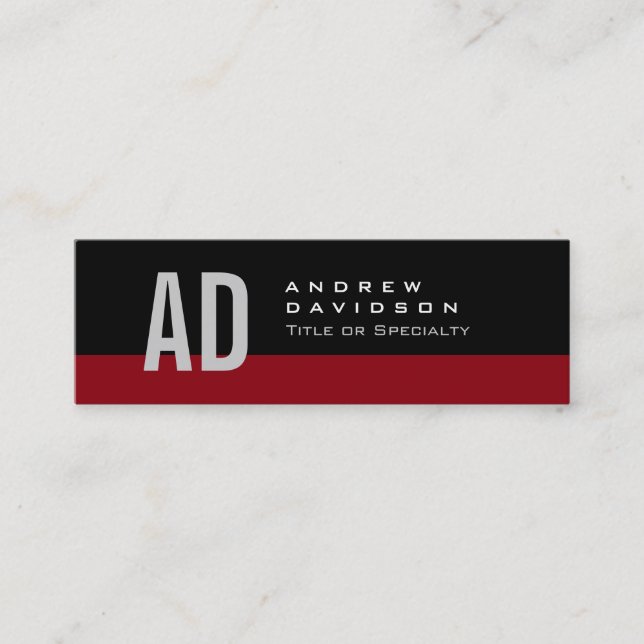 Black Red Stripe Grey Monogram Slim Business Card (Front)