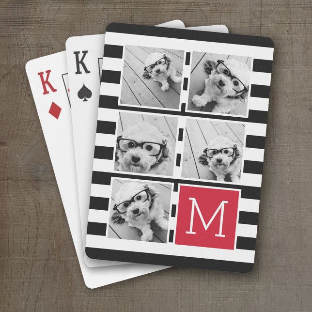Black Red Striped Photo Collage Custom Monogram Playing Cards (Personalized Playing Cards)