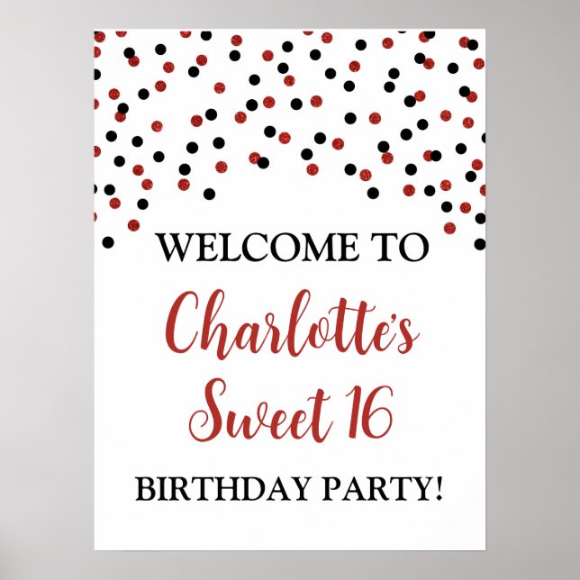 Black Red Sweet 16 Birthday Custom 18x24 Poster (Front)
