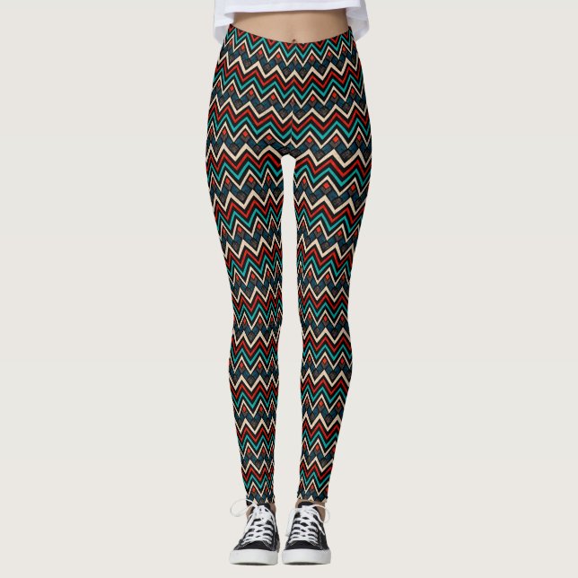 Black Red Teal Beige Aztec Pattern Leggings (Front)