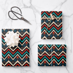 Black Red Teal Beige Aztec Pattern Wrapping Paper Sheet