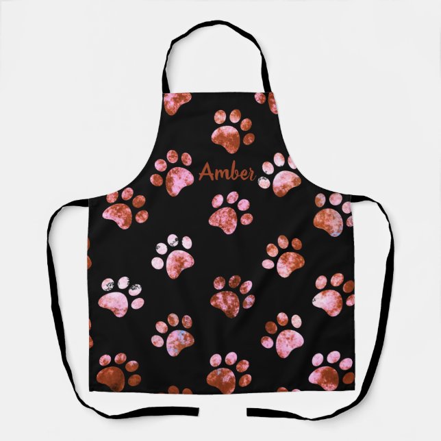 Black Red Textured Paw Prints Pattern Personalised Apron (Front)