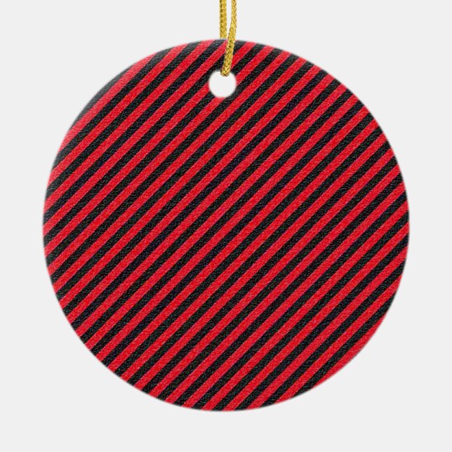 Black Red Thin Diagonal Stripes Ceramic Tree Decoration (Front)