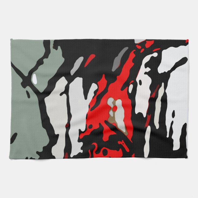 Black Red Turquoise Grey Pattern Tea Towel (Horizontal)