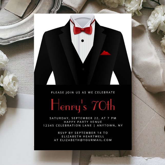 Black Red Tuxedo Mens 70th Birthday Party Invitation (Creator Uploaded)