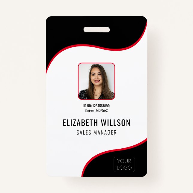 Black Red Wave Business Logo Photo Employee Name ID Badge (Front)