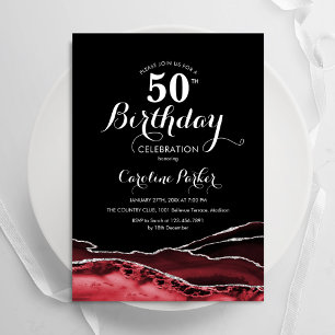 Black Red White Agate 50th Birthday Invitation