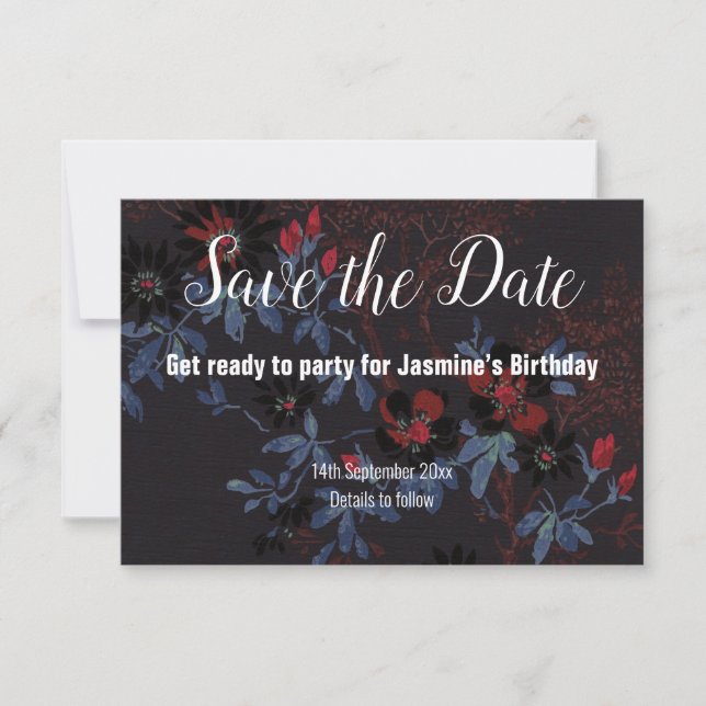 BLACK RED WHITE CHERRY BLOSSOM SAVE THE DATE RSVP CARD (Front)