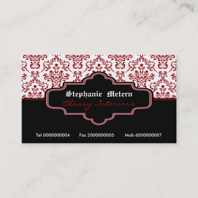 Black red white damask interiors business cards (Front)