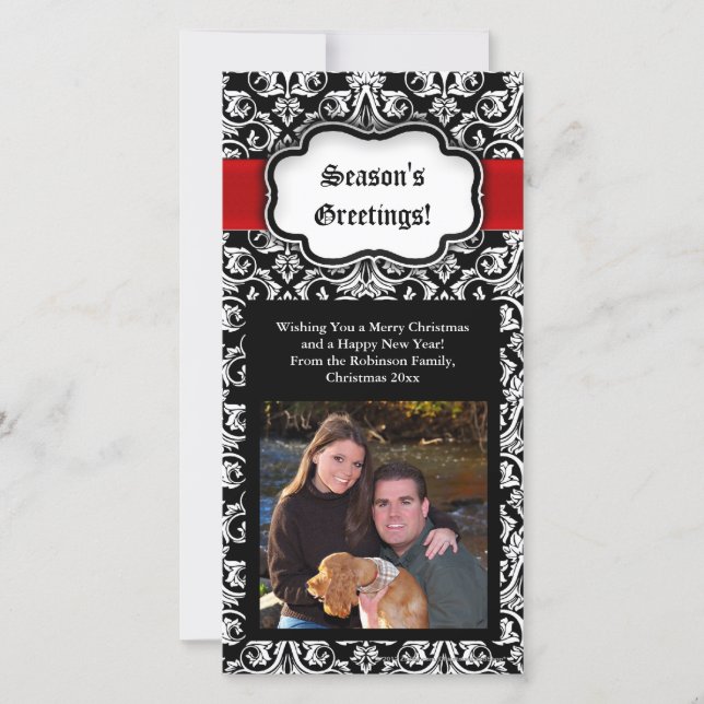 Black/Red/White Damask Season's Greeting Photocard Holiday Card (Front)