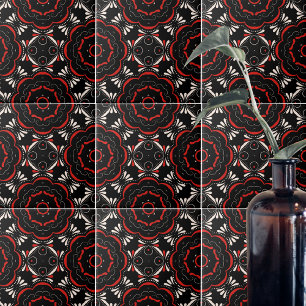 Black Red White Ethnic Ornate Geometric Pattern Tile