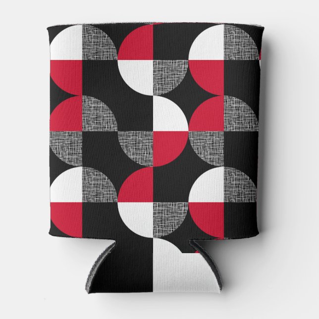 Black, red, white geometric plaid pattern. can cooler (Front)