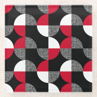 Black, red, white geometric plaid pattern. glass coaster