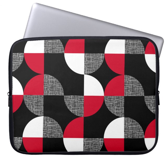 Black, red, white geometric plaid pattern. laptop sleeve (Front)