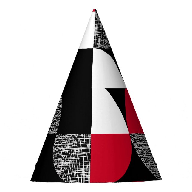 Black, red, white geometric plaid pattern. party hat (Front)