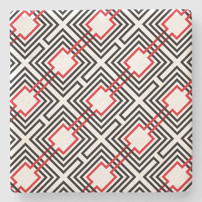 Black Red & White Geometric Stone Coaster (Front)