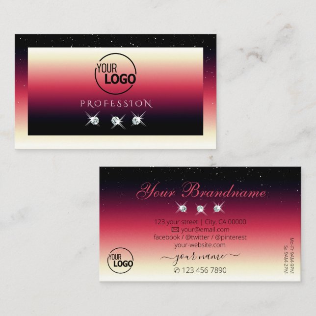 Black Red White Gradient Sparkle Diamonds Add Logo Business Card (Front/Back)