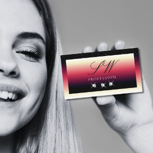 Black Red White Gradient Sparkle Diamonds Initials Business Card