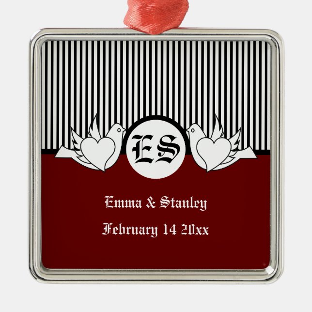 Black, red, white loving doves initials ornament (Front)
