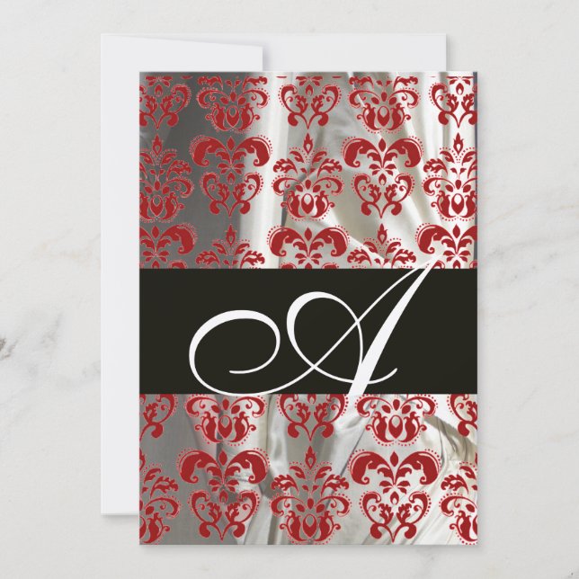BLACK RED WHITE SILK DAMASK MONOGRAM CHAMPAGNE INVITATION (Front)