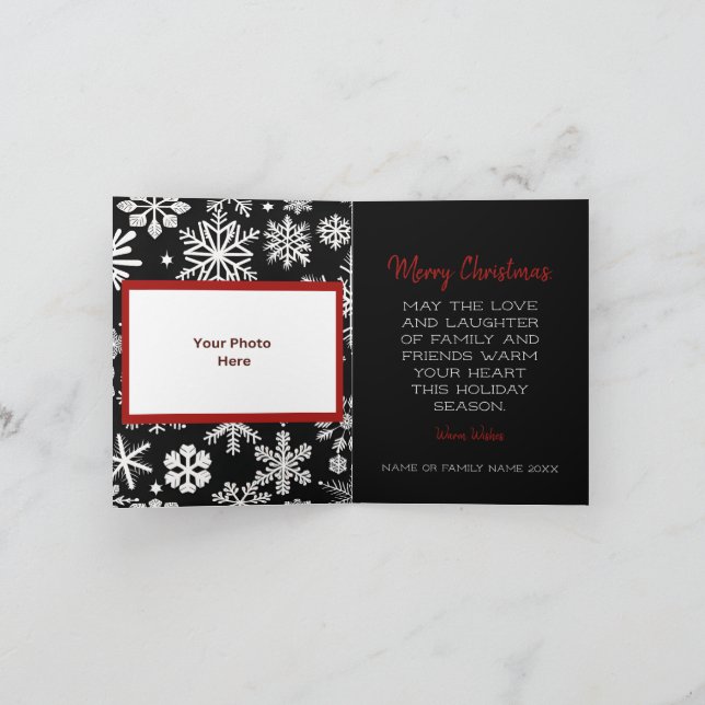 Black, Red & White Snowflake Photo Christmas Card (Inside)