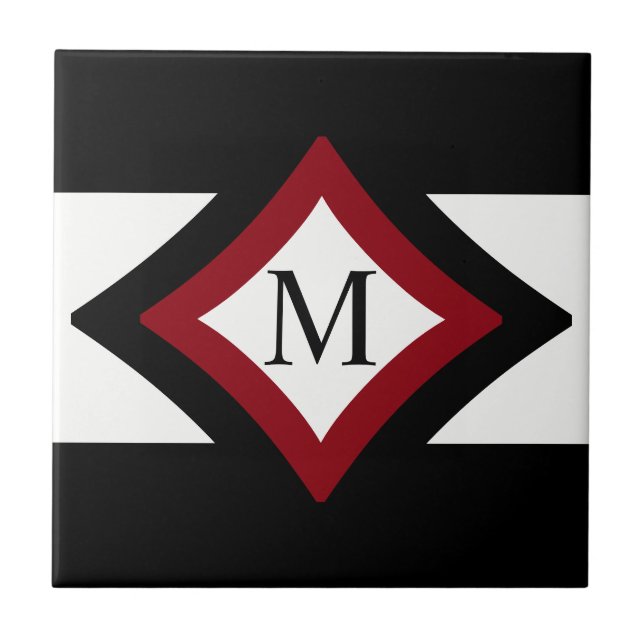 Black, Red & White Stylish Diamond Shaped Monogram Tile (Front)