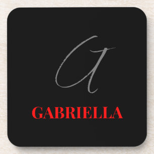 Black Red Your Name Initial Monogram Coaster