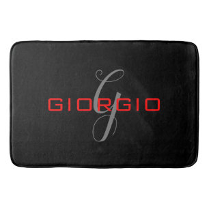 Black Red Your Name Initial Monogram Modern Bath Mat