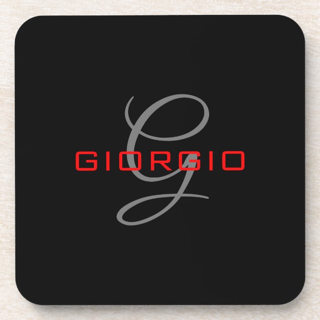 Black Red Your Name Initial Monogram Modern Coaster (Front)
