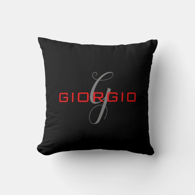 Black Red Your Name Initial Monogram Modern Cushion (Front)