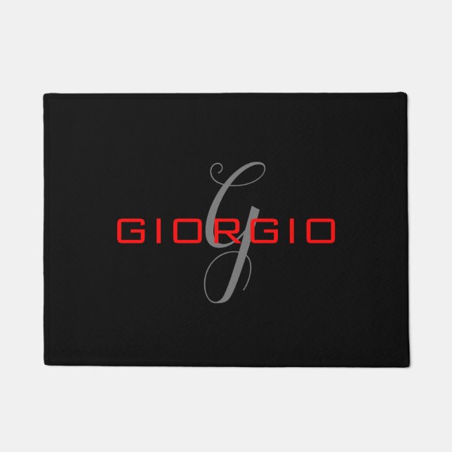 Black Red Your Name Initial Monogram Modern Doormat (Front)