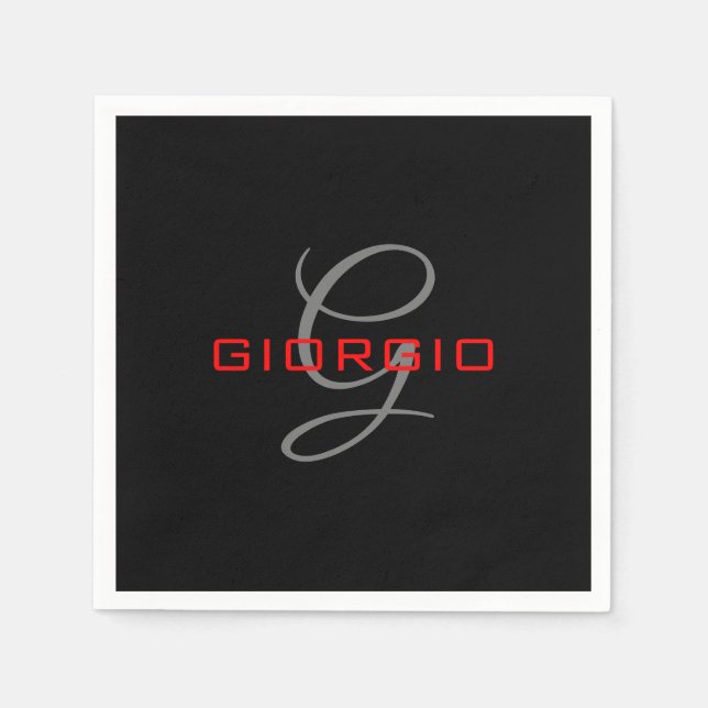 Black Red Your Name Initial Monogram Modern Napkin (Front)