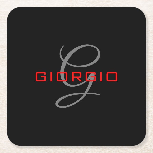 Black Red Your Name Initial Monogram Modern Square Paper Coaster (Front)