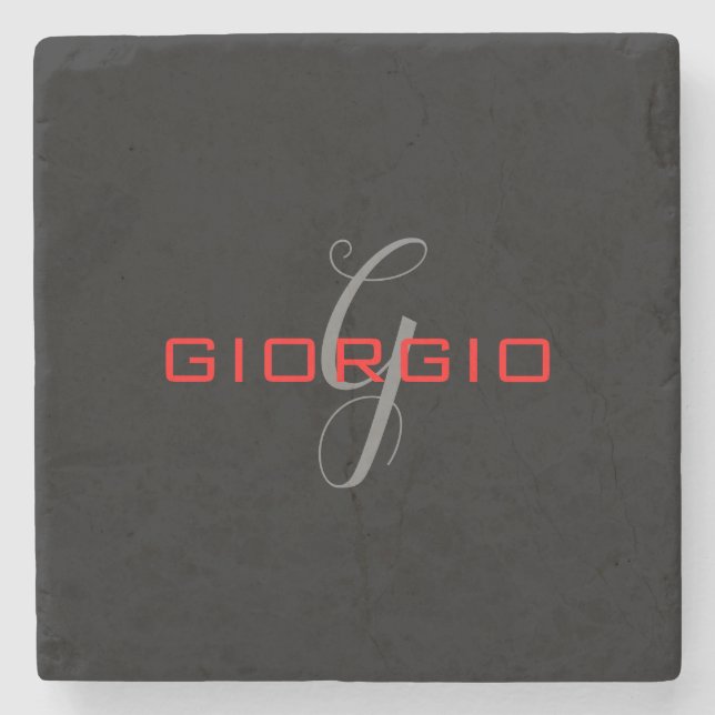 Black Red Your Name Initial Monogram Modern Stone Coaster (Front)
