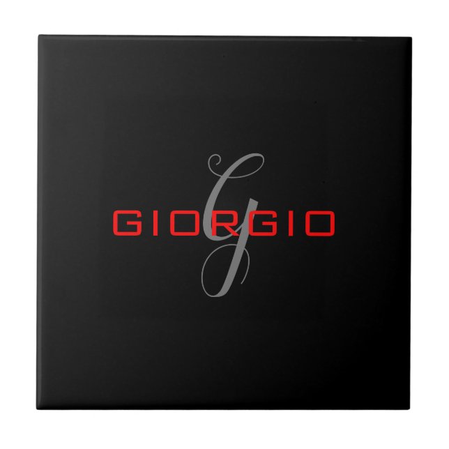 Black Red Your Name Initial Monogram Modern Tile (Front)