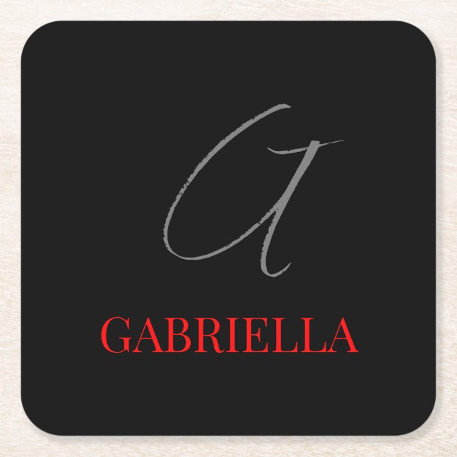 Black Red Your Name Initial Monogram Square Paper Coaster (Front)