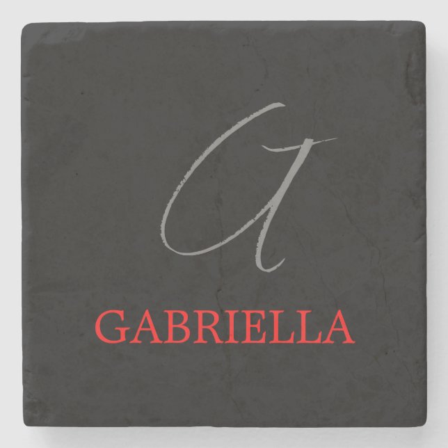 Black Red Your Name Initial Monogram Stone Coaster (Front)