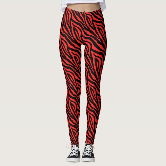 Black Red Zebra Print Pattern Leggings (Front)