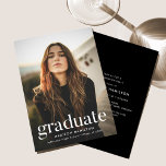 Black | Refined Photo Graduation Party Invitation<br><div class="desc">Simple graduation party invitation featuring the graduate's vertical photo with "graduate" displayed in white modern lettering. Personalise the photo graduation party invite by adding the graduate's name,  school name,  and graduation year. The invite reverses to display your graduation party details with a black background.</div>