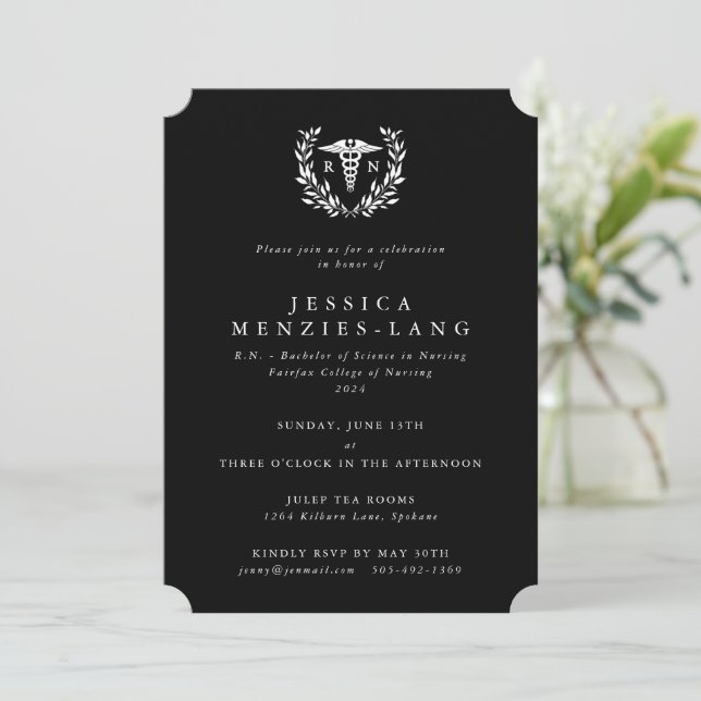 Black Registered Nurse Caduceus+Laurel Wreath Invitation (Standing Front)