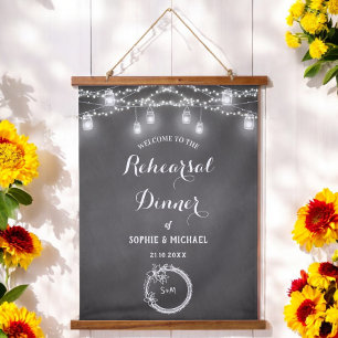 Black Rehearsal Dinner Welcome String Lights  Hanging Tapestry