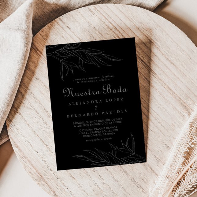 Black Retro Boho Leaf Nuestra Boda Wedding Invitation (Creator Uploaded)