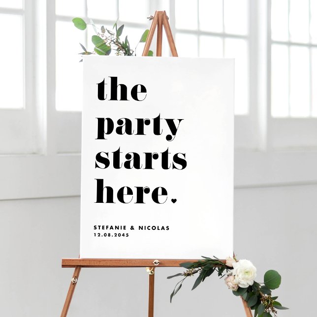 Black Retro Bold The Party Starts Here Wedding Poster (Creator Uploaded)