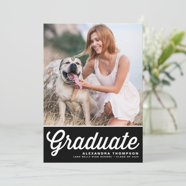 Black Retro Bold Typography Photo Graduation Announcement (Standing Front)